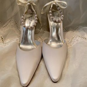 White Fioni Heels with Pearl Ankle Strap